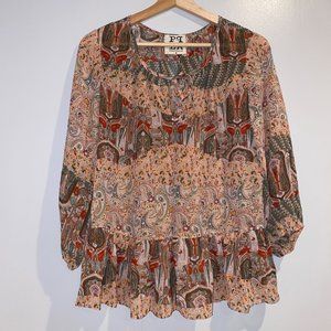 PPLA Peasant Blouse Paisley Pink Green Red Small Women Boho Ladies Ruffle Sheer